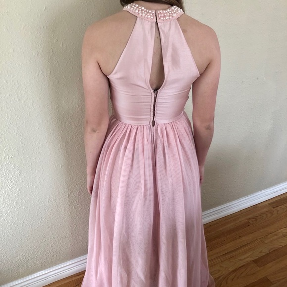 Baby Pink Prom Dress with Pearl Waist and Neckline - Picture 4 of 4